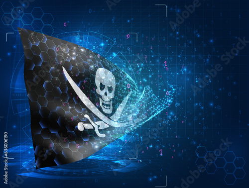 Pirate,  vector flag, virtual abstract 3D object from triangular polygons on a blue background