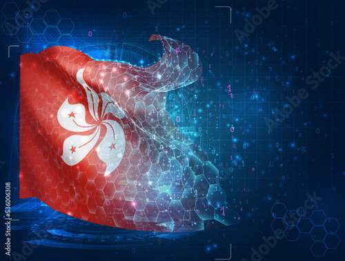 Hong Kong,  vector flag, virtual abstract 3D object from triangular polygons on a blue background