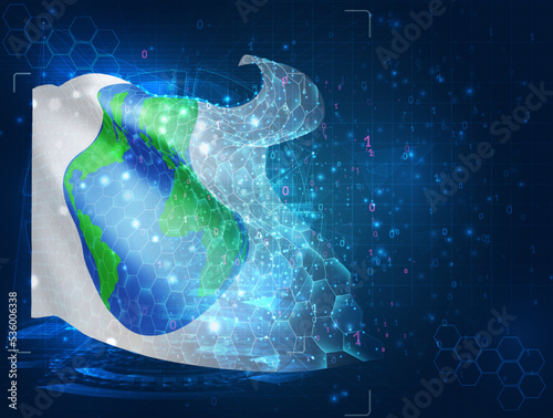 World map,  vector flag, virtual abstract 3D object from triangular polygons on a blue background