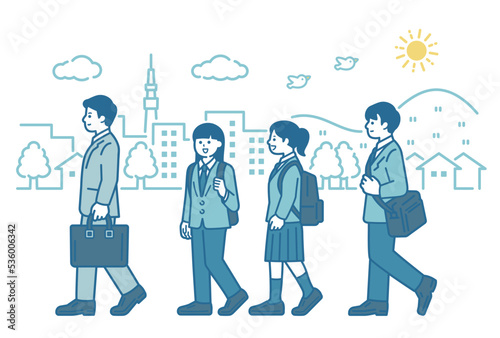 Men and women commuting to work or school