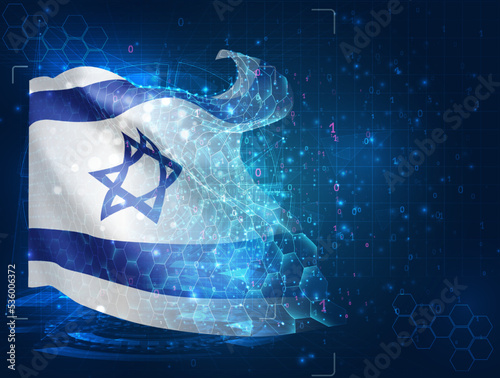 Israel,  vector flag, virtual abstract 3D object from triangular polygons on a blue background