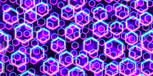 Purple and blue floating neon hexagons seamless pattern. Glowing blacklight. Futuristic led frames abstract background. Night party energy backdrop. Mobile screens motion