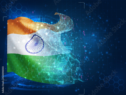 India,  vector flag, virtual abstract 3D object from triangular polygons on a blue background