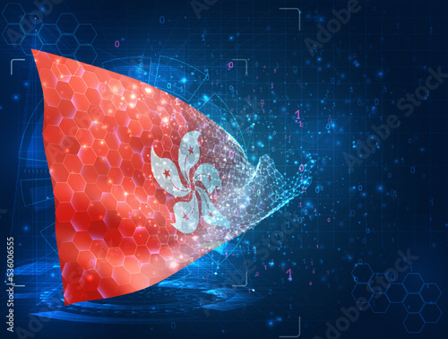 Hong Kong,  vector flag, virtual abstract 3D object from triangular polygons on a blue background