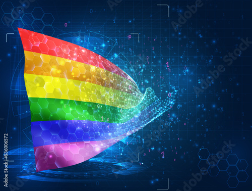 Rainbow,  vector flag, virtual abstract 3D object from triangular polygons on a blue background