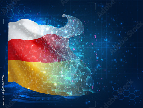 South Ossetia,  vector flag, virtual abstract 3D object from triangular polygons on a blue background