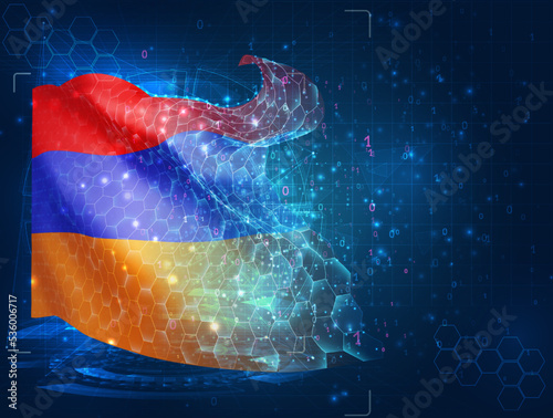 Armenia,  vector flag, virtual abstract 3D object from triangular polygons on a blue background