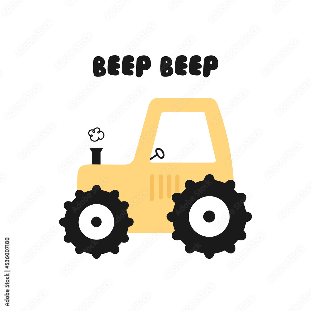Fototapeta premium Print with cartoon tractor. Vector illustration on a white background. For posters, invitations, banners, printing on the pack, printing on clothes, fabric, wallpaper.
