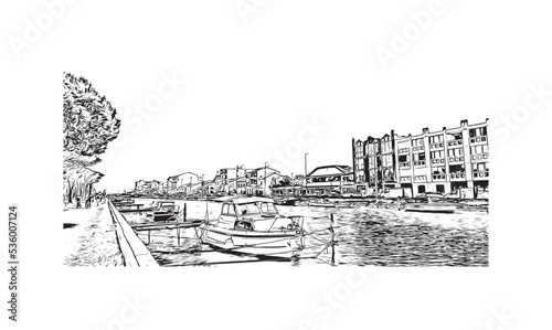 Building view with landmark of Palavas les Flots is the 
commune in France. Hand drawn sketch illustration in vector.