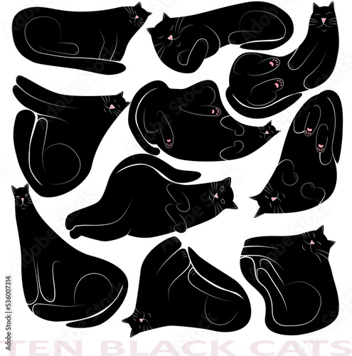 Vector 10 black cats sleeping in different positions isolated on white background. For print and web.