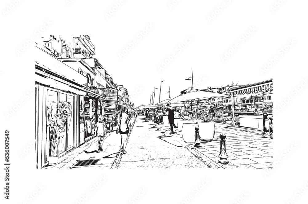 Building view with landmark of Palavas les Flots is the 
commune in France. Hand drawn sketch illustration in vector.
