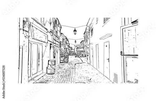 Building view with landmark of Palavas les Flots is the 
commune in France. Hand drawn sketch illustration in vector.