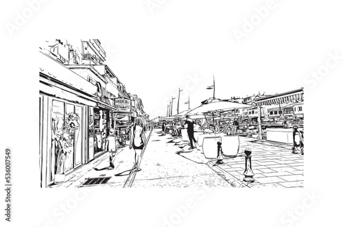 Building view with landmark of Palavas les Flots is the 
commune in France. Hand drawn sketch illustration in vector.