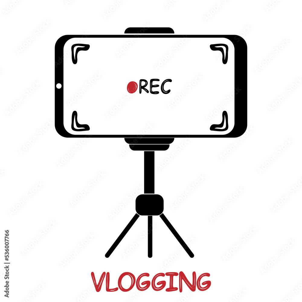 Recording vlog using mobile with tripod. Video blogging or video channel concept. Vector illustration
