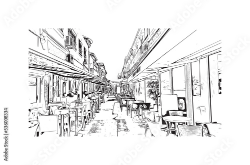 Building view with landmark of Palavas les Flots is the 
commune in France. Hand drawn sketch illustration in vector.