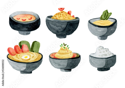 Noodle soup with egg and fish roe. Hand drawn chinese food and chopsticks in watercolor. Illustration for asian menu  receipt  label  packaging design. Ramen with soba in blue plate isolated on white.