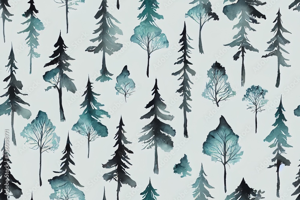 Obraz premium Wild forest animals seamless pattern Watercolor image Hand drawn forest bear wolf rabbit badgerfir trees mountains Seamless pattern for fabric paper tixtile print White background