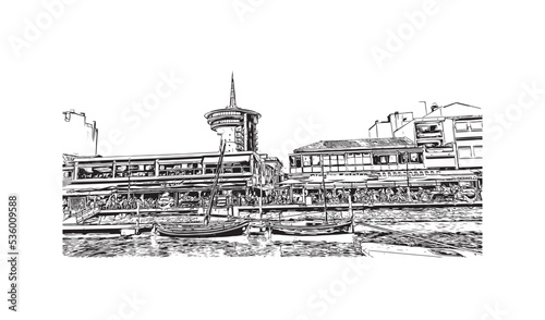 Building view with landmark of Palavas les Flots is the 
commune in France. Hand drawn sketch illustration in vector.