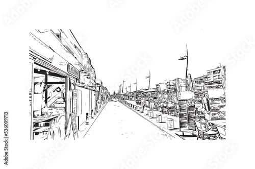 Building view with landmark of Palavas les Flots is the 
commune in France. Hand drawn sketch illustration in vector.