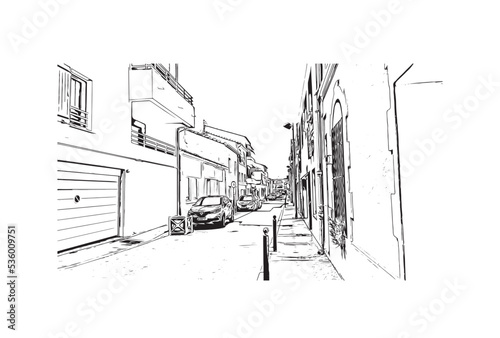 Building view with landmark of Palavas les Flots is the 
commune in France. Hand drawn sketch illustration in vector.