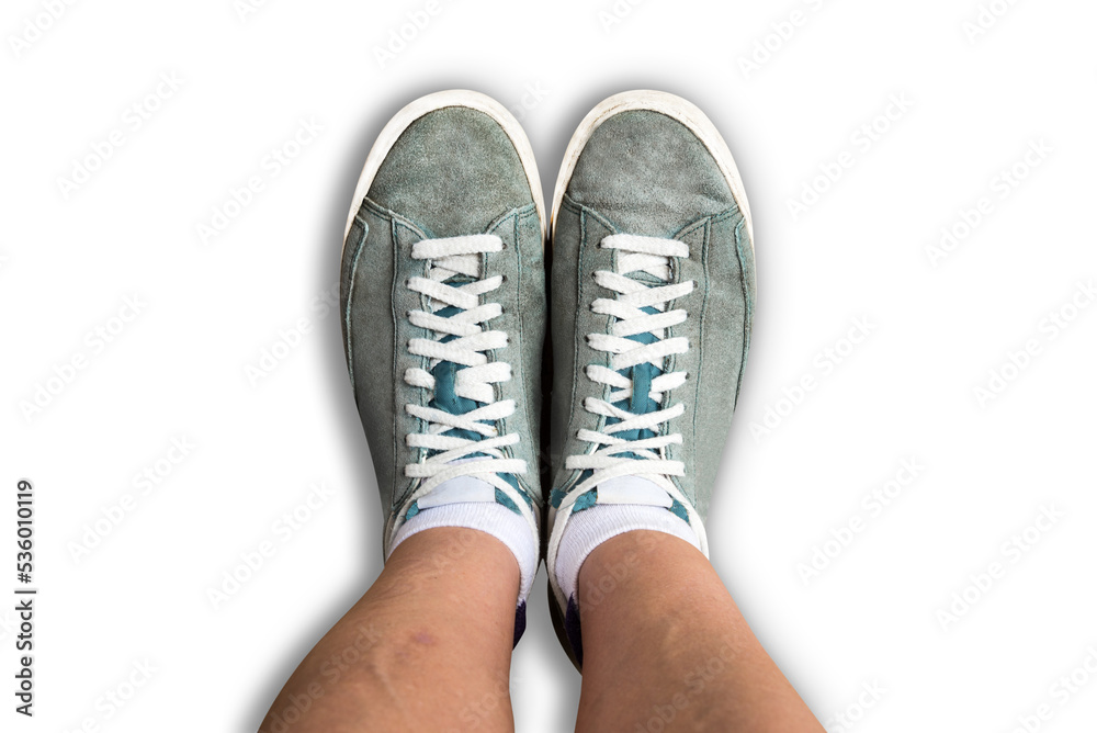 Top view of legs wearing used sneakers isolated on transparent background Top view of legs wearing used sneakers isolated on transparent background