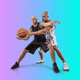 Basketball players on Sports background, collage of different professional athletes on gradient multicolored neon background.