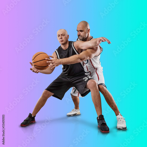 Basketball players on Sports background, collage of different professional athletes on gradient multicolored neon background. © Andrii IURLOV