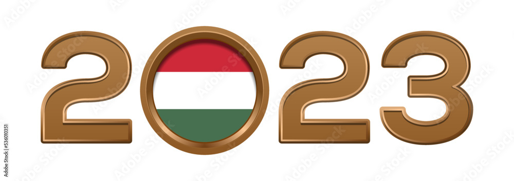 Naklejka premium 2023 gold number with the flag of Hungary inside. 2023 number logo text design isolated on white. Vector illustration