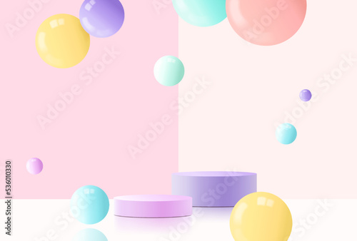 Realistic glossy plastic balls background. 3D cylinder pedestal podium with pastel minimal wall scene and shadow. .