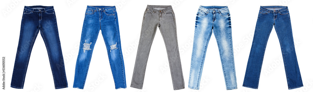 Banner Blue jeans denim set isolated on white background with copy space. Top view and mock up clothes. Male female pants collage isolate. Autumn wear Different types clothing. - obrazy, fototapety, plakaty 
