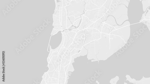 White and light grey Mumbai city area vector background map, roads and water illustration. Widescreen proportion, digital flat design.