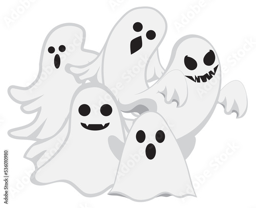 graphic design of gathered white cloth ghosts. can be used for products or content on Halloween.