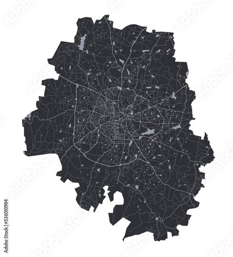 Bangalore map. Detailed black map of Bengaluru city poster with roads. Cityscape urban vector. Black land with white roads and avenues.