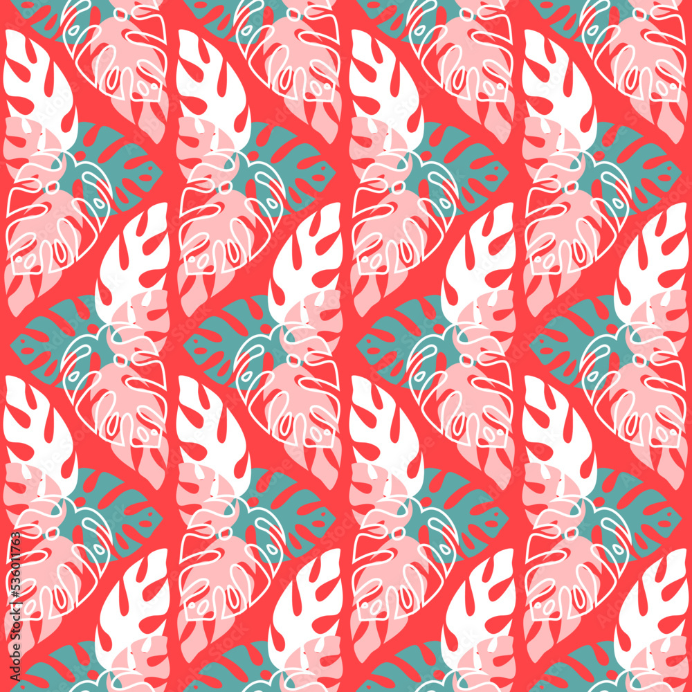 rainforest seamless pattern on red background, palm leaf, trendy vector illustration for textile and wrapping paper rainforest seamless pattern on red background, palm leaf, trendy vector illustration for textile and wrapping paper