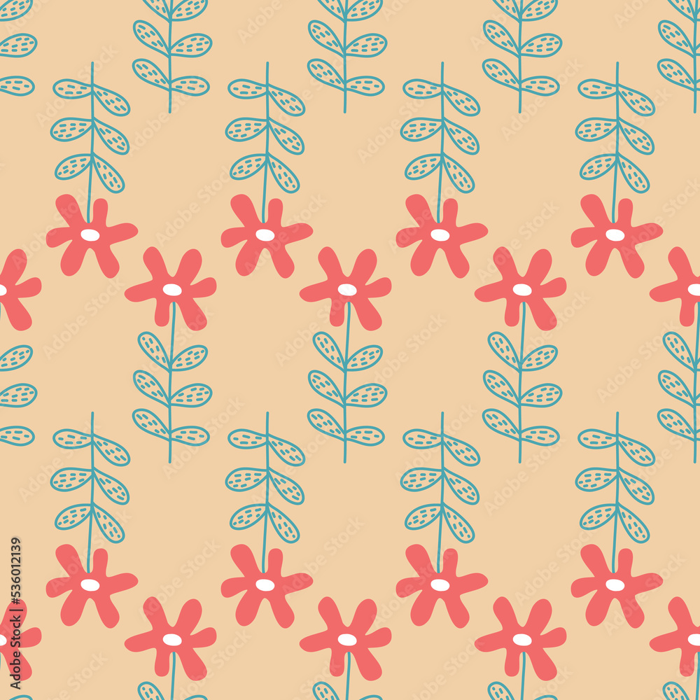 Red flower seamless pattern, daisy chamomile flower, organic background vector illustration