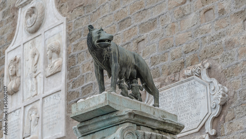 Ancient monument of a mother wolf feeding enfants, Romulus and Remus at Rome, Italy