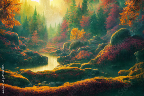 beautiful natural landscape in autumn 3d illustration