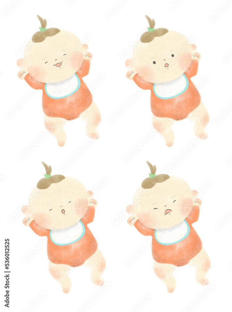 Obraz premium 色んな表情のかわいい赤ちゃん 手描きイラスト素材 水彩