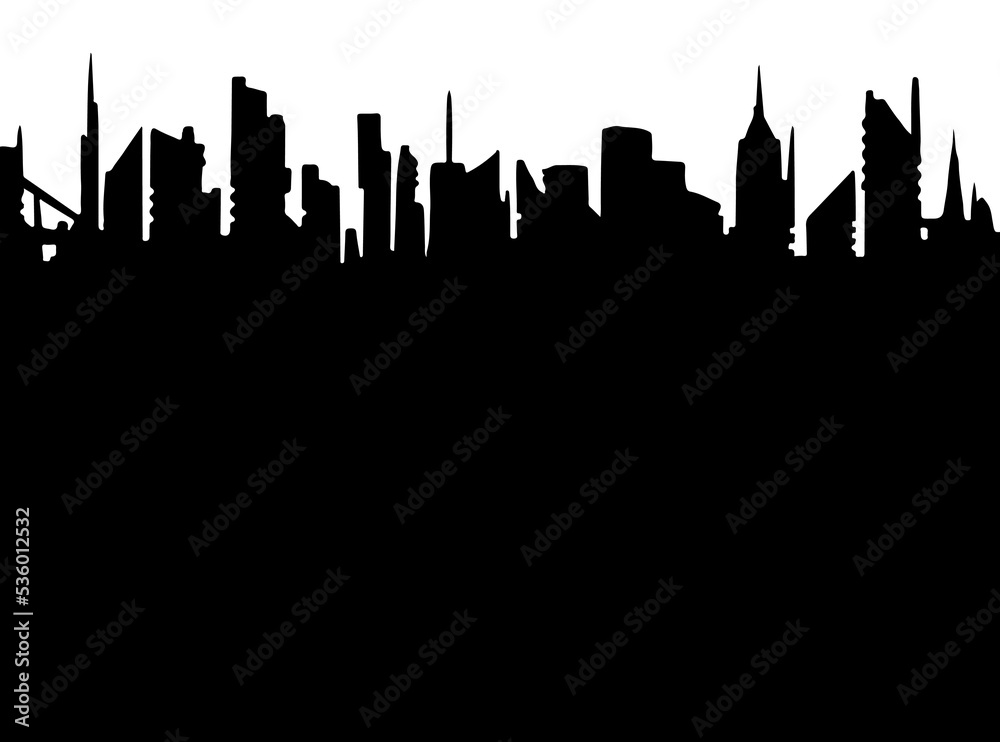 City panorama, skyscrapers silhouettes, hand drawn, black and white stencil vector