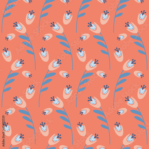 Bell flower pattern on rich orange background seamless pattern for design, sprig campanula flower blossom, vector illustration