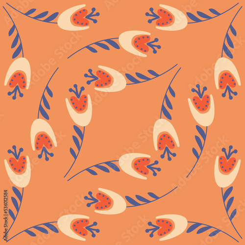 Bell flower pattern on rich orange background seamless pattern for design, sprig campanula flower blossom, vector illustration