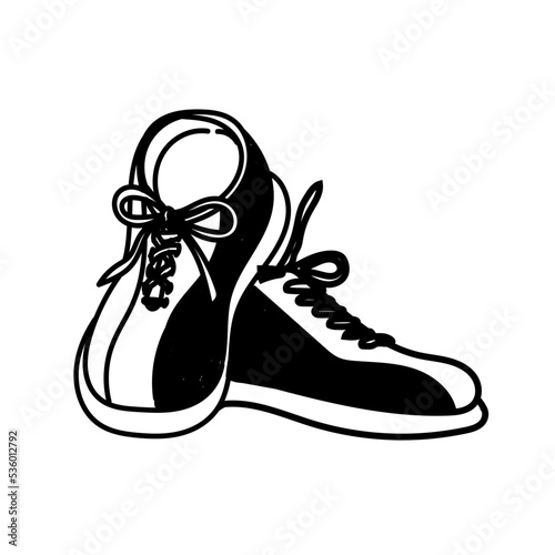 Bowling shoes, hand-drawn in doodle style. Sport. Game. Comfortable bowling shoes. Laces. Strike, win. Isolated element on white background. Vector simple illustration.