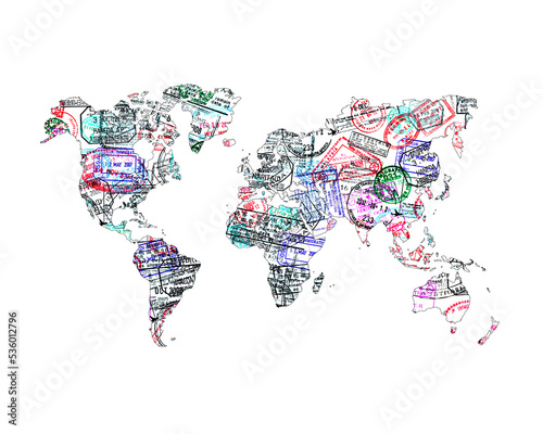 World map created with passport stamps  isolated on transparent background  travel concept