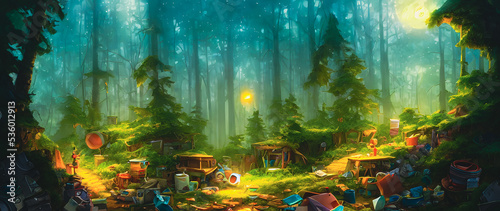 Artistic concept painting of a garbage in the forest , background 3d illustration.