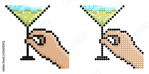 Pixel icon. Female hand holding glass with martini. Cocktails, alcoholic drinks, for menu of cafe. Simple retro game vector isolated on white background