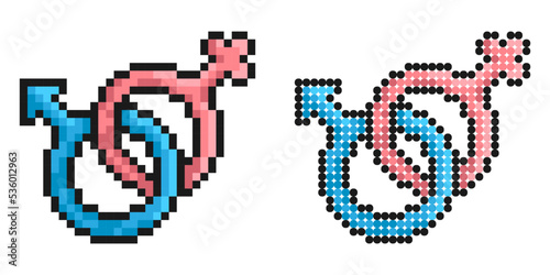 Pixel icon. Male and female gender symbols connected together. Strong union of man and woman. Simple retro game vector isolated on white background