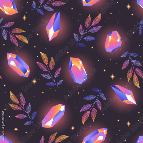 Seamless pattern with rainbow shiny crystals and herbs. Pink crystal seamless pattern. Magenta crystal pattern.