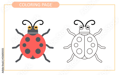 Coloring page of lady bud. educational tracing coloring worksheet for kids. Hand drawn outline illustration.