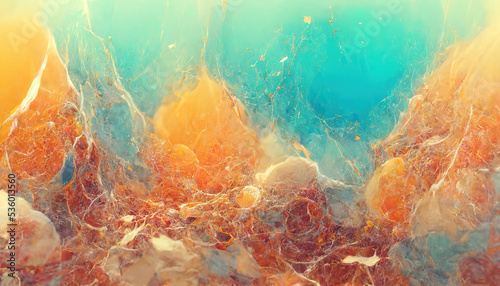 Textured marble background. Turquoise, orange and pink colors. 3d illustration
