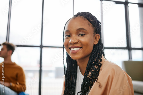 University student, young woman portrait and college learning, studying and education campus. Happy, smile and cool gen z black girl learner for motivation, academic knowledge and happiness in Brazil